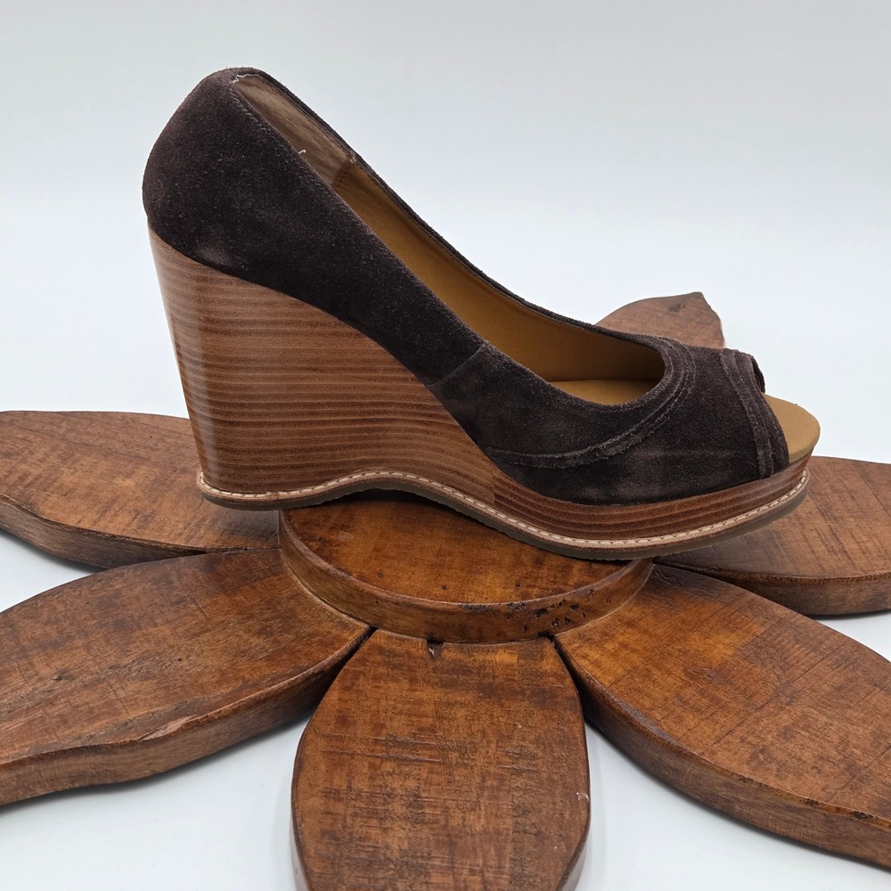Steve Madden Women 10M Cristan Suede Leather Peep Toe Wedge Brown 10